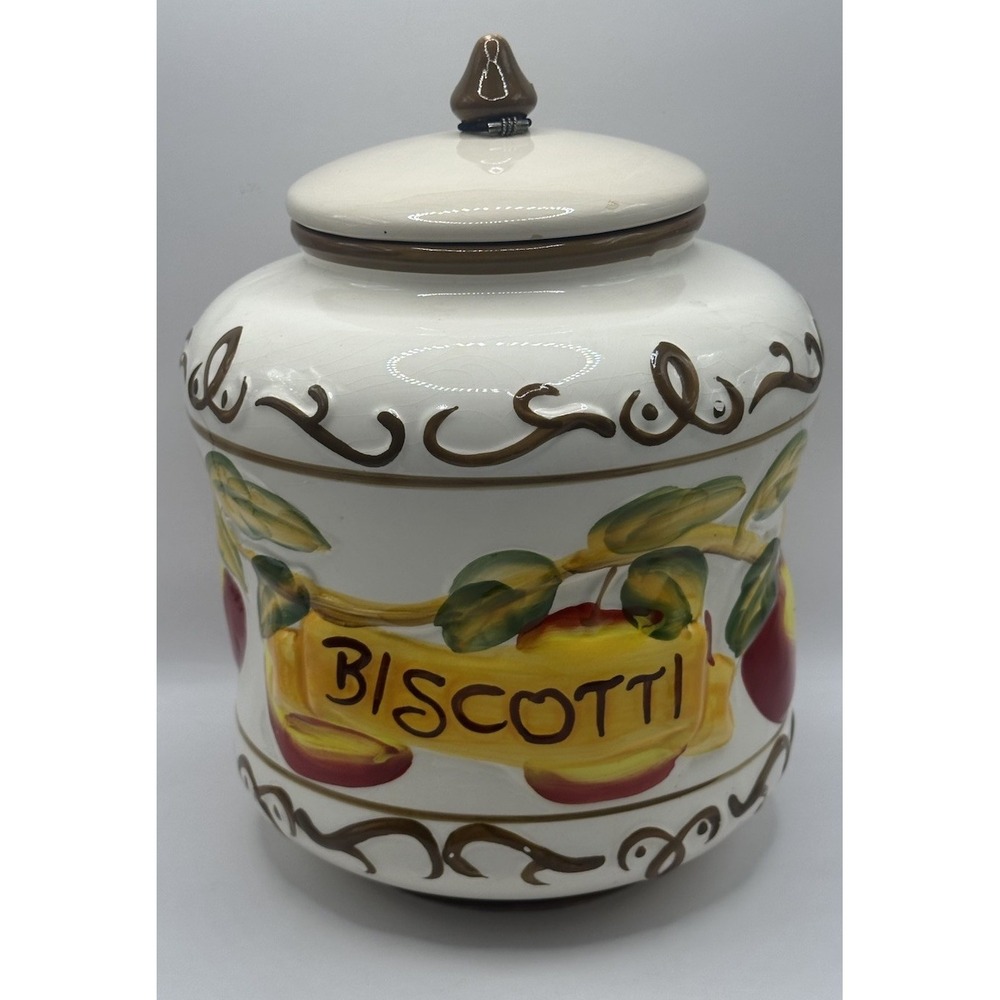 Nonni's Biscotti Hand Painted Ceramic Cookie Jar with Lid Fruit Design